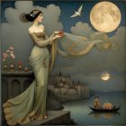 Graceful Woman by Tranquil Lake Under Full Moon