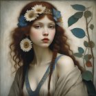 Portrait of woman with curly hair in blue dress and headband with bluebird.