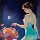 Serene Woman in Blue Gown by Open Window with Flowers