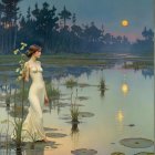Woman in White Dress on Rocky Moonlit Shore