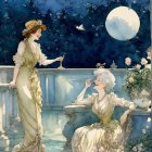 Elegant Women in Serene Nighttime Outdoor Setting