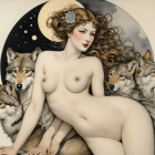 Ethereal Woman with Wolves Under a Full Moon