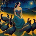 Serene Nighttime Scene with Woman and Turkeys