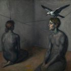 Women in Gray Dresses with Seagull in Muted Room