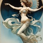 Ethereal woman floating in star-filled sky with sea and ships below
