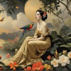 Fairy on Rocky Shore with Moons and Flowers