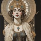 Ethereal woman portrait with ornate headpiece and jewelry on blue backdrop