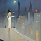 Romantic Night Scene by Moonlit Riverbank and Skyline