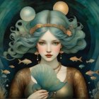 Illustrated portrait of woman with pale blue hair, gold crown, fan, surrounded by golden fish on