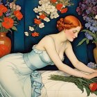 Woman in blue gown arranging vibrant flowers on table