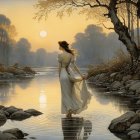 Serene landscape with figure in shallow water and houses