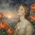 Art Nouveau Painting of Woman and Sunset Landscape