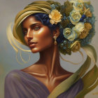 Illustrated portrait of woman with stylized features and elaborate spiral hairstyle on greenish-yellow backdrop.