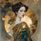 Graceful Woman in Intricate Gown Holding Lotus Flower
