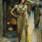 Woman in Vibrant Sari in Decorated Night Alley
