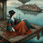 Women by a tranquil river at sunset in nature