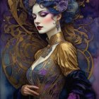 Elegant Portrait of Woman in Blue Headscarf and Gown