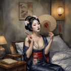 Exquisite Asian Woman in Purple Kimono Against Fantasy Wall
