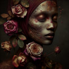 Portrait of a woman with flowing hair and roses