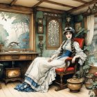 Elegant Room with Women and Serene Landscape