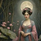 Woman in Vintage Dress Surrounded by Turkeys at Night