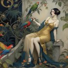 Serene Woman in Elegant Gown with Wild Animals at Twilight