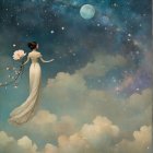 Serene Night Scene with Woman and Colorful Village