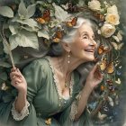 Serene Woman with Goldfish in Striped Kimono