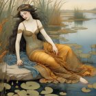 Serene Figure by Calm River in Flowing Garments
