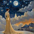 Serene Woman by Tumultuous Sea at Night