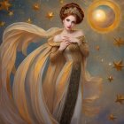 Serene Figure Surrounded by Golden Butterflies and Sun