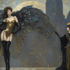 Art Deco Scene with Elegant Figures and Cityscape