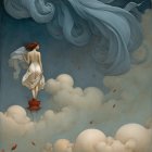 Young woman in white dress on rocky precipice landscape
