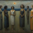 Surreal Digital Painting of Six Women Under Moonlight