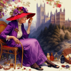 Elderly Woman in Purple Gown in Lush Garden Setting