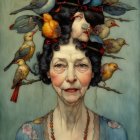 Portrait of a Woman with Flowing Hair and Celestial Scene