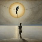 Surreal Artwork of Figures Under Radiant Sun and Water