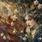 Elegant figure with roses, ivy, and soft blue attire