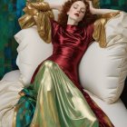 Regal Woman in Blue and Gold Gown with Crown