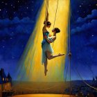 Ballet Dancers on Trapeze Above City at Night