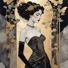 Art Deco Painting of Woman in Purple Dress with Halo