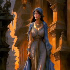 Stylized painting of woman with red hair in blue sari against Venice-like backdrop