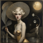 Serene Woman in Orange Gown with Balloons and Moonlight