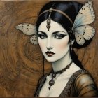 Fantasy Woman with Golden Wings in Dark Forest