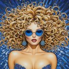 Woman with Wavy Gold and Copper Hair in Celestial Scene