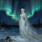 Young Woman in Gown Under Aurora Borealis