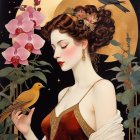 Auburn-haired woman in golden headpiece with red rose, burnt-orange gown, and golden halo