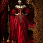 Woman in festive red gown with cats by Christmas tree in snowfall