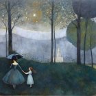Twilight Landscape with Girl and Bird Under Moonlight