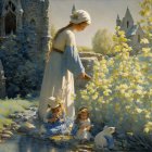 Young Woman in Vintage Dress Tending Vibrant Garden